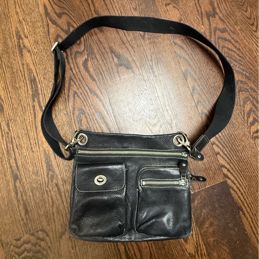Roots Black Leather Crossbody Bag w Canvass Strap